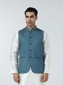 TAHVO - Blue Cotton Blend Printed Nehru Jacket