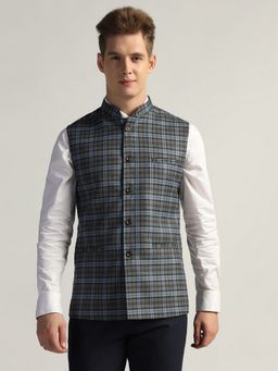 TAHVO - Blue Tweed Checks Nehru Jacket