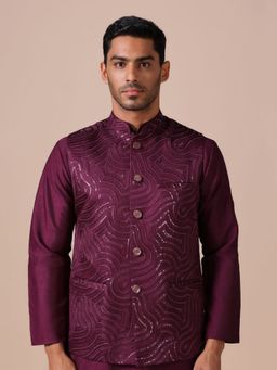 TAHVO - Maroon Cotton Blend Embellished Nehru Jacket
