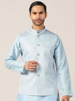 TAHVO - Blue Cotton Blend Embellished Nehru Jacket