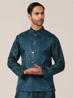 TAHVO - Turquoise Cotton Blend Embellished Nehru Jacket