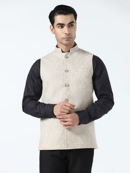 TAHVO - Beige Linen Solid Nehru Jacket