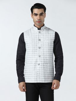 TAHVO - White Polyviscose Checks Nehru Jacket