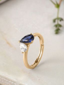 Ornate Jewels - 925 Silver Yellow Gold Blue Sapphire Toi Et Moi Adjustable Ring for Women & Girls