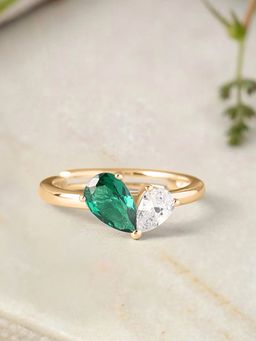 Ornate Jewels - 925 Silver Yellow Gold Green Emerald Toi Et Moi Adjustable Ring for Women & Girls