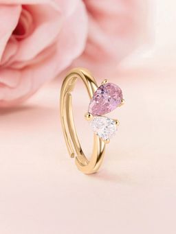 Ornate Jewels - 925 Silver Yellow Gold Pink CZ Toi Et Moi Adjustable Ring for Women & Girls