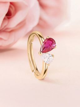 Ornate Jewels - 925 Silver Yellow Gold Red Ruby Toi Et Moi Adjustable Ring for Women & Girls