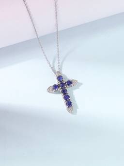Ornate Jewels - 925 Silver Natural Blue Fissure Filled Sapphire Cross Necklace for Women & Girls