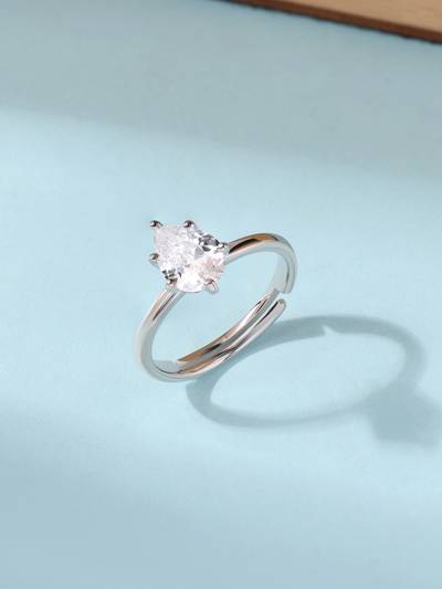 925 Silver American Diamond Solitaire Adjustable Ring for Women & Girls