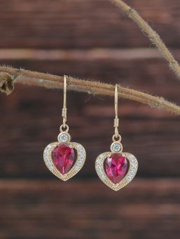 Ornate Jewels - 925 Silver Yellow Gold Red Ruby Heart Dangle Earrings for Women & Girls