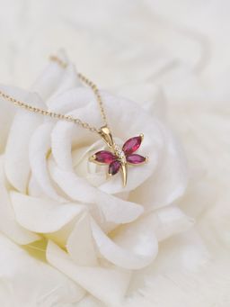 Ornate Jewels - 925 Silver Yellow Gold Red Ruby Butterfly Pendant With Chain for Women & Girls