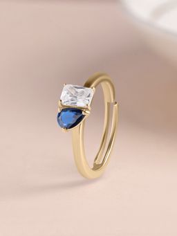 Ornate Jewels - 925 Silver Yellow Gold Blue Sapphire Toi Et Moi Adjustable Ring for Women & Girls