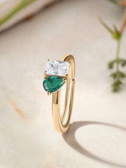 Ornate Jewels - 925 Silver Yellow Gold Green Emerald Toi Et Moi Adjustable Ring for Women & Girls