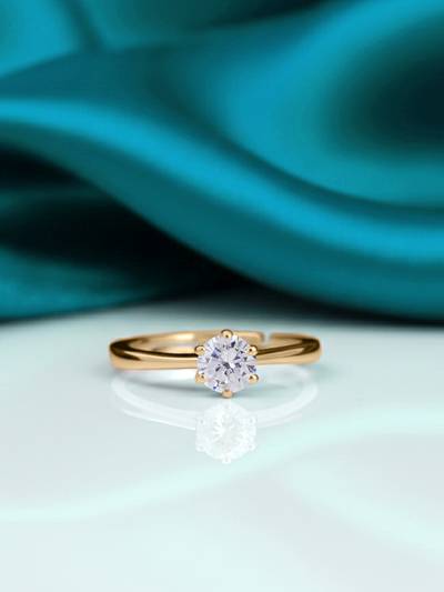 925 Silver Yellow Gold 1 Carat White CZ Solitaire Adjustable Ring for Women & Girls