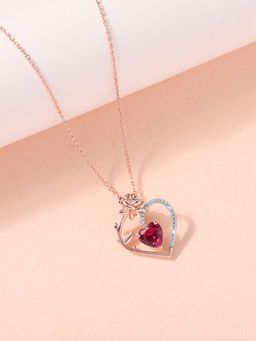 Ornate Jewels - 925 Silver Rose Gold Red Ruby Heart Necklace for Women & Girls
