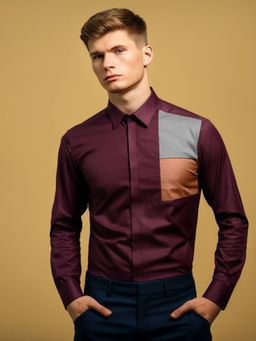 HE SPOKE - Burgundy Colorblocked Smart Casual Shirt