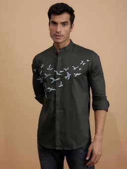 HE SPOKE - Olive Printed Smart Casual Shirt