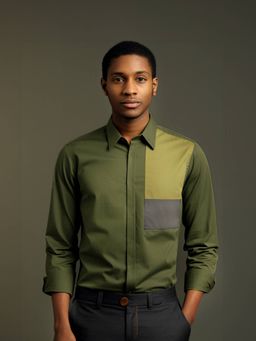 HE SPOKE - Olive Colorblocked Smart Casual Shirt