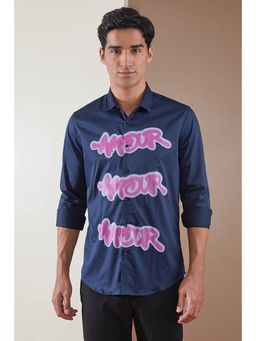 HE SPOKE - Printed Party Wear Navy Shirt