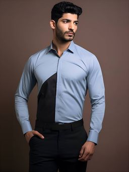 HE SPOKE - Blue Colorblocked Formal Shirt