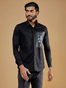 HE SPOKE - Black Printed Party Shirt