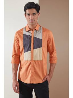 HE SPOKE - Orange Colorblocked Smart Casual Shirt