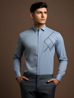 HE SPOKE - Blue Solid Semi Formal Shirt