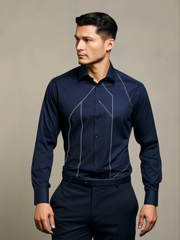 HE SPOKE - Navy Blue Embroidered Party Shirt