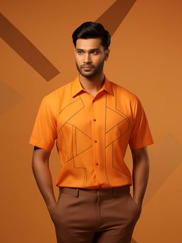 HE SPOKE - Orange Embroidered Smart Casual Shirt