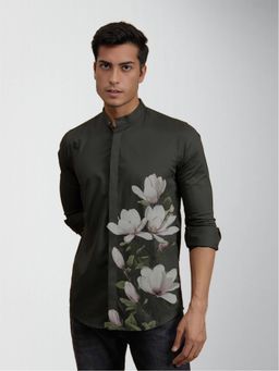 HE SPOKE - Olive Floral Printed Smart Casual Shirt
