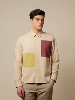 HE SPOKE - Cream Colorblocked Smart Casual Shirt