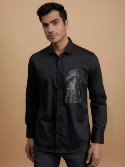 HE SPOKE - Black Graphic Printed Party Shirt