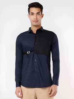 HE SPOKE - Navy Blue Colorblock Panel Party Shirt