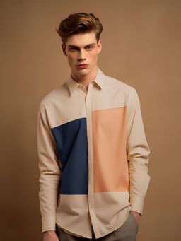 HE SPOKE - Cream Colorblocked Smart Casual Shirt