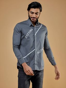 HE SPOKE - Grey Typography Smart Casual Shirt