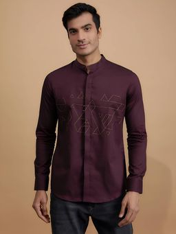 HE SPOKE - Burgundy Embroidered Semi Formal Shirt