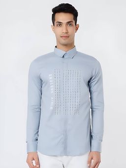 HE SPOKE - Blue Printed Smart Casual Shirt