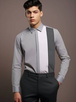 HE SPOKE - Grey Colorblocked Semi Formal Shirt