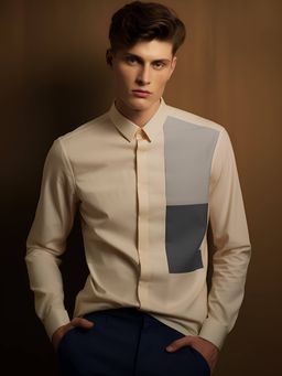HE SPOKE - Cream Colorblocked Smart Casual Shirt