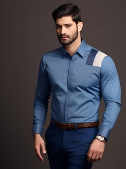 HE SPOKE - Blue Colorblocked Semi Formal Shirt
