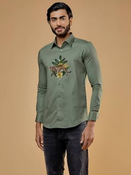 HE SPOKE - Green Graphic Smart Casual Shirt