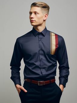 HE SPOKE - Navy Blue Colorblocked Semi Formal Shirt