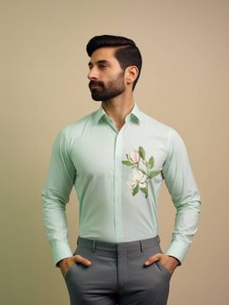 HE SPOKE - Green Floral Printed Smart Casual Shirt