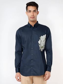 HE SPOKE - Navy Blue Floral Printed Party Shirt