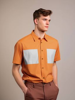 HE SPOKE - Orange Colorblocked Smart Casual Shirt