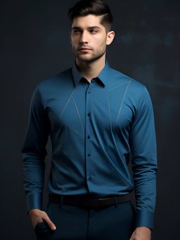 HE SPOKE - Forest Blue Embroidered Semi Formal Shirt