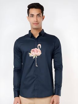 HE SPOKE - Navy Blue Printed Party Shirt