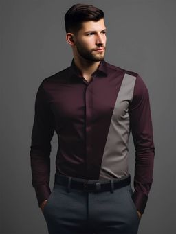 HE SPOKE - Burgundy Colorblocked Semi Formal Shirt