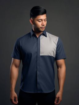 HE SPOKE - Dark Grey Colorblocked Smart Casual Shirt