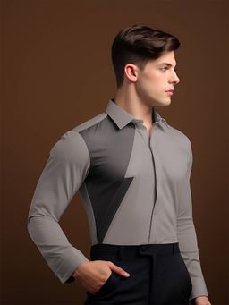 HE SPOKE - Grey Colorblocked Semi Formal Shirt